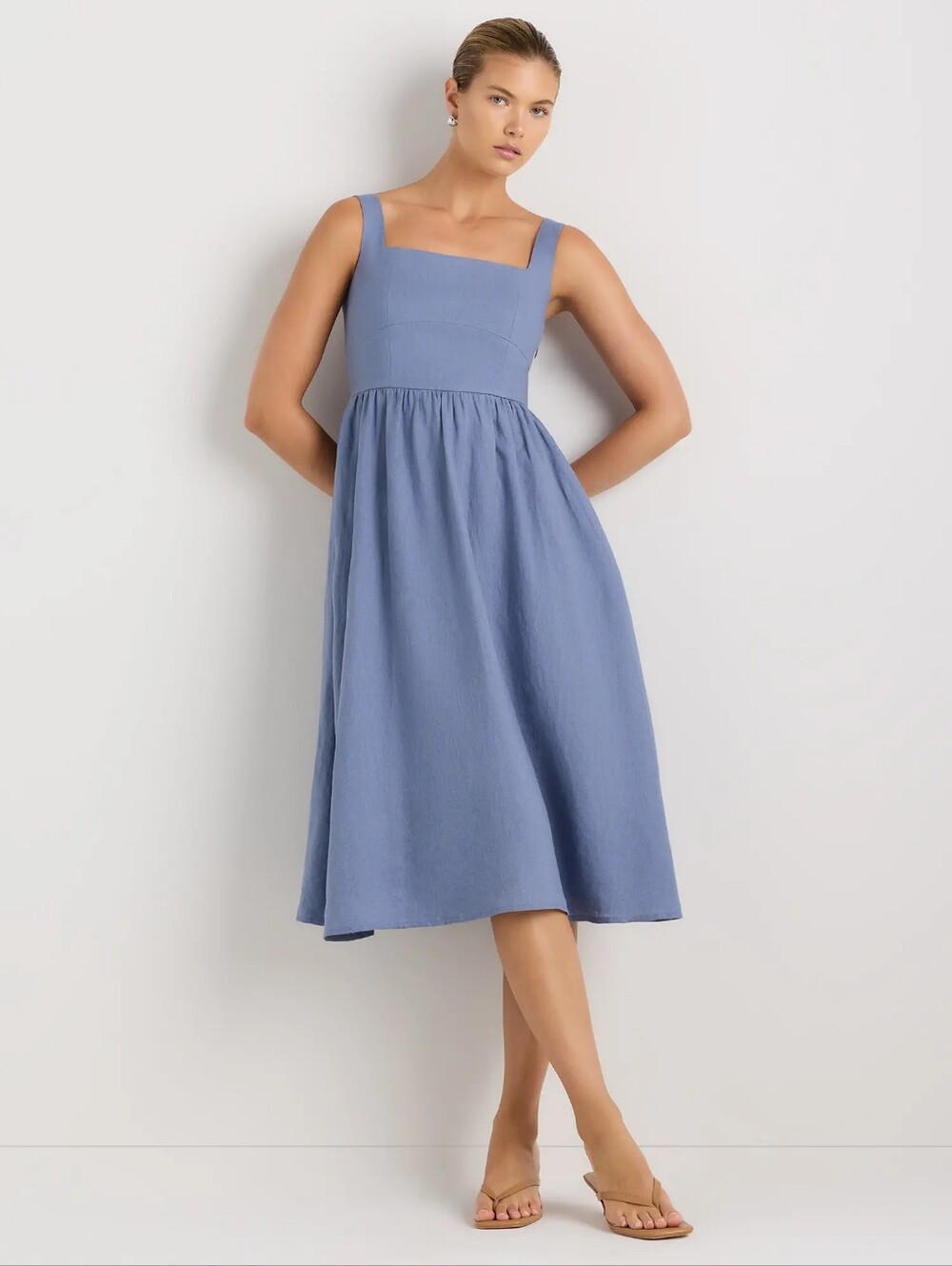 NWOT Quince 100% European Linen Fit Flare Midi Dress M Pockets Quiet Lux Coastal